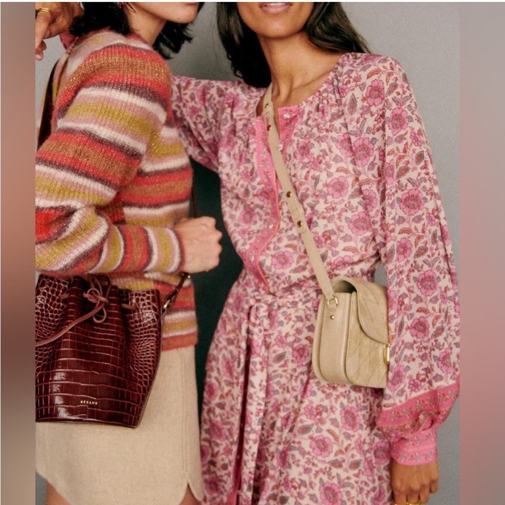 Casual Pink Midi Dress with Bishop Sleeves and Tie Front